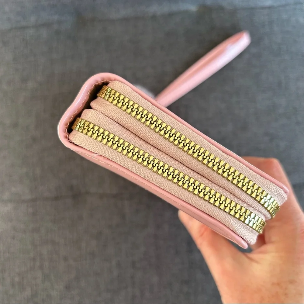 Pink Patent Butterfly Double Zip Around Wallet / Wristlet with Pom Pom Charm